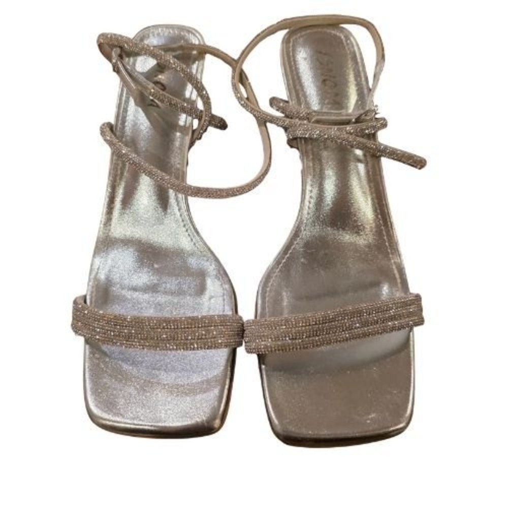 ISNOM Womens 10 Silver Rhinestone 2.5" Block Heel Sandals Square Toe Ankle Strap